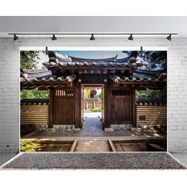 AOFOTO 10x7ft Korean Garden Wooden Door Entrance Backdrop Asian Confucianist Village Korea Traditional Tile-Roofed House Old Park Buildings Stone Background for Photography Photo Studio Props Vinyl