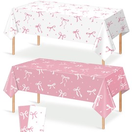 KEASKELL 2Pcs Coquette Party Tablecloths Decorations,Pink and White Bow Plastic Table Cover Disposable Rectangle Table Cloth for Girls Birthday Bridal Wedding Baby Shower Party Supplies,54x108 Inch