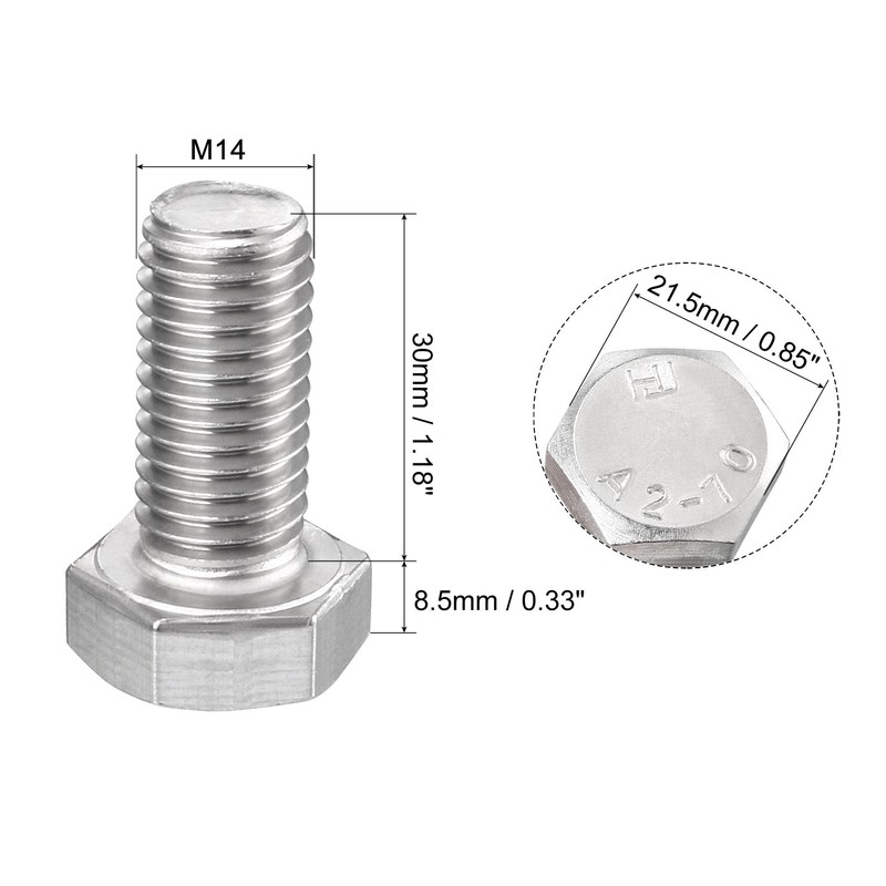 sourcing map M14 Hex Bolt M14-2 x 30mm 304 Stainless