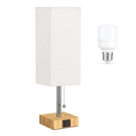 aooshine Beige Small Table Lamp for Bedroom - 3 Color Temperature 3000K 5000K 4000K Bedside Lamp, Pull Chain Control, USB A and C Ports, Wood-Grain Base, Bulb Included