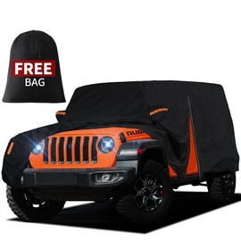 FiveFox Waterproof Car Cover for Jeep Wrangler 2 Door 1987-2024 2025 JK JL TJ YJ CJ Sahara, Upgraded Outdoor Full Exterior Sun Rain Snow Hail Protection with Driver Door Zipper