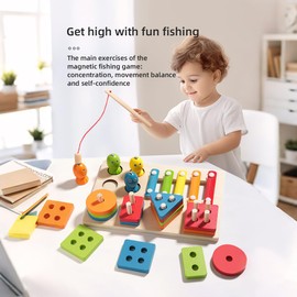 Embosomitr Wooden Fishing Game, Xylophone Toy, 3-in-1 Montessori Learning Toy for 1, 2, 3 Year Old Boys & Girls, Baby Sensory Toys for 6-12 Months, Toddler Shape & Color Recognition, Hand-Eye Coordina