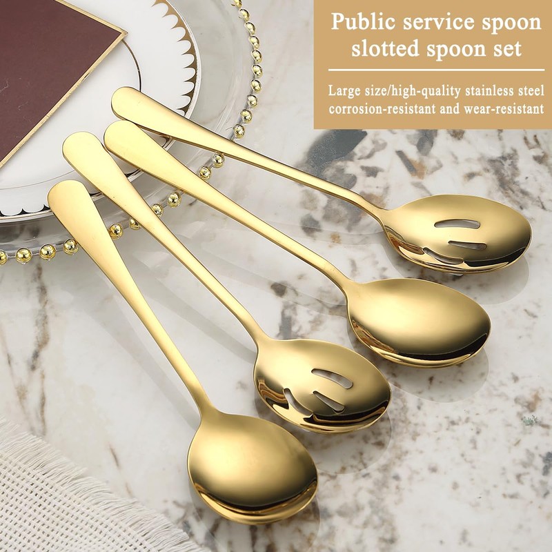 Parthan 8 Pcs Golden Serving Spoons Set, Including 4 Solid