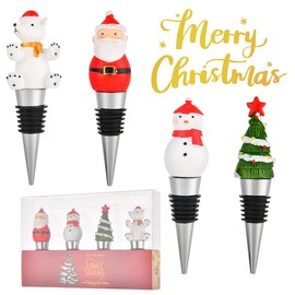 4 Pack Christmas Wine Bottle Stoppers Gift Set, Xmas Holiday Stoppers Set Reusable Caps Bottle Sealers, Individually Packaged Christmas Favors Wine Stoppers for Xmas Decor (Bottle Stoppers Set)
