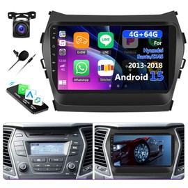 [4G+64G] Car Radio for Hyundai Santa/IX45 2013-2018 with Wireless CarPlay Android Auto,9" Touchscreen Android 15 Car Stereo with Mirror Link Voice Control WiFi/GPS,Bluetooth,FM/RDS SWC+Backup Camera