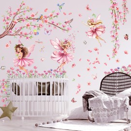 CharmFlo Pink Fairy Garden Wall Decals, Cherry Blossom Tree with Floral Butterflies and Birds Flower Wall Stickers, Peel and Stick DIY Wall Art Girls Bedroom Baby Nursery Kids Room