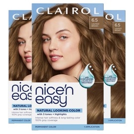 Clairol Nice 'n Easy Permanent Hair Color, 6.5 Lightest Brown, 3 Count Allergy Gentle Single-Step Hair Dye with Conditioners, Natural-Looking Color, Salon Highlights, Grey Coverage