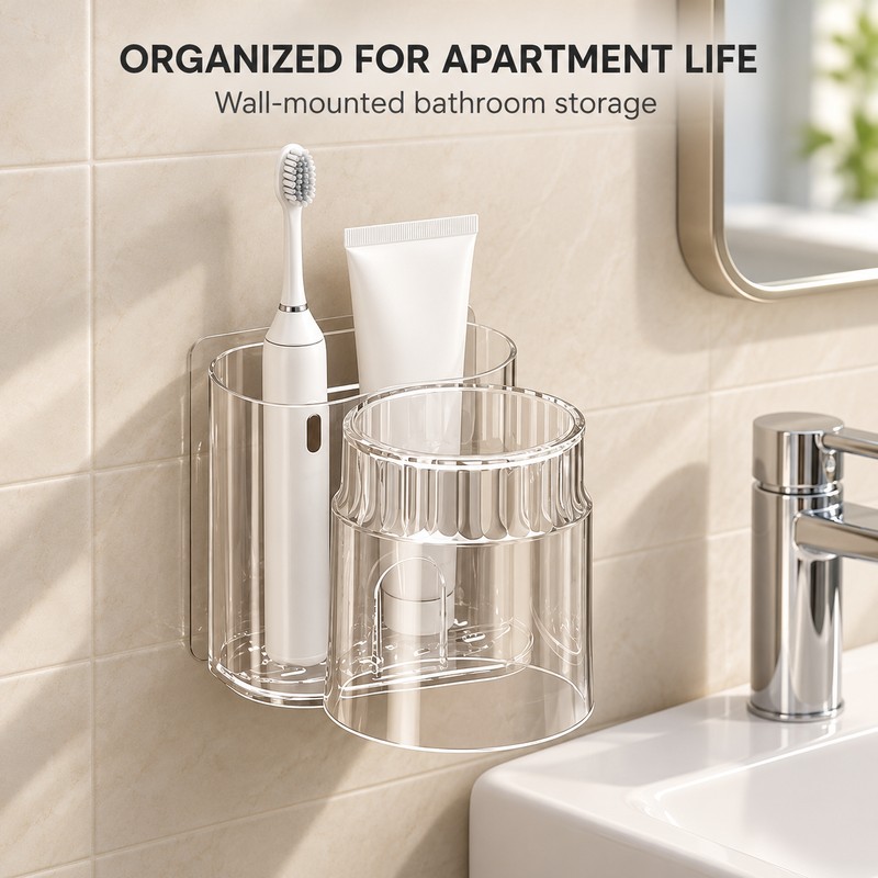 Wall-Mounted Toothbrush Holder with Mouthwash Cup - Transparent 2-Piece Bathroom