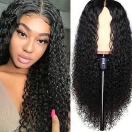 Suszian Lace Front Real Hair Wig with Baby Hair for Black Women, Black Women Wigs, Deep Curly Wig, Long Curly Hair, Adjustable with Fringe, Black Wave Wig