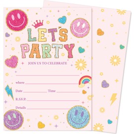 JarThenaAMCS 25 Set Smile Face Party Invitations with Envelopes Pastel Pink Embroidered Style Smile Pattern Paper Invites for Birthday Baby Shower Wedding, 5 x 7 Inch