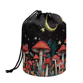 chaqlin Mushroom Moon Travel Cosmetic Bags Barrel Makeup Bag,Women Girls Portable Foldable Cases Multifunctional Toiletry Bucket Bags Round Organizer Storage Pocket