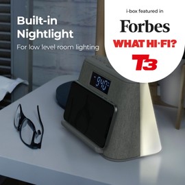 i-box Alarm Clocks Bedside, Alarm Clock with Wireless Charging, Bluetooth Speaker, FM Radio, Qi Wireless Charger, White Noise Machine, Night Light/Mood Light, USB Port, Dimmable, Non Ticking