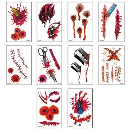 10 Sheets Halloween Scar Tattoos Stickers with Fake Scab Blood,Wound,Zombie Scar,Halloween Face Stickers, for Halloween Party Makeup Prop and Cosplay Halloween Party Game for Party Bag Fillers