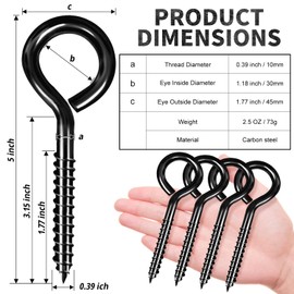 ALDMIO 5 Inch Eye Hooks, 6 Pcs Screw in Hooks, Stainless Steel, Black Large Screw Hooks for Indoor and Outdoor Use