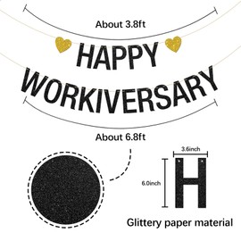 INNORU Happy Workiversary Banner, Work Anniversary Party Hanging Bunting, Office Work Party Decorations Supplies Banner, Black Glitter