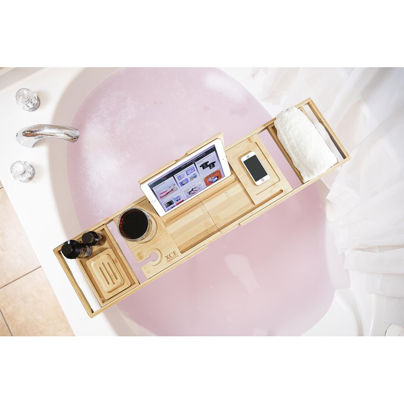 XcE Foldable Bamboo Bathtub Caddy Tray - Expandable to 41