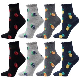 LIVEBEAR Multi-Pack Womens Cute Prints Patterns, Novelty, Casual Cotton Crew Socks Made In Korea (Mini Fruit 8 Pack)