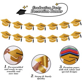 2025 Graduation Decorations Class of 2025 Grad Banner Pre-Strung Glitter Graduation Garland with Tassel Grad Cap Banner for Grad Party Supplies (Golden)