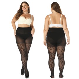 WiliW Plus Size Polka Dot Tights for Women Pattern Tights 40D High Waist Control Top Black Transparent Tights, leopard