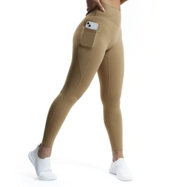 Aoxjox Trinity High Waisted Yoga Pants with Pockets for Women Tummy Control Cross-Waist Buttery Soft Crossover Workout Leggings 26'' (Light Brown V-Waist, Small)