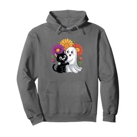 Adorable Ghost And Cat With Flowers Pullover Hoodie