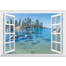 FLFK Fake Window Wall Sticker - A Clear Blue Lake Faux Window Wall Mural for Wall Decor, Stick and Peel Wall Decals,24"x16"