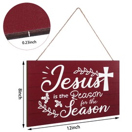 Christmas Jesus Wood Sign Jesus is The Reason for The Season Hanging Sign Nativity Cross Scene Wall Decor Christmas Tree Ornaments for Christmas Holiday Door Wall Indoor Outdoor Decorations (Red)
