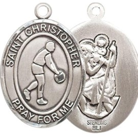 Medium Mens Oval Sterling Silver Saint Christopher Basketball Medal Pendant on 24" Rhodium Plated Heavy Curb Brass Chain w/ Lobster Claw Clasp,Catholic Religious Necklace - Made in USA-Gift Boxed
