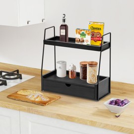 2-Tier Bathroom Organizer Countertop with Drawer, Wood Counter Organizer for Bathroom Decor, Sink Shelf for Vanity Storage, Makeup Tray for Perfume Skincare Bedroom Kitchen Corner