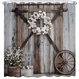 Rustic Barn Door Shower Curtain Farmhouse Country Western Cabin Vintage Antique Brown Wooden Plank Board Countryside Village Unique Retro Flower Bath Decor Polyester Fabric Curtains 70X70 Inch