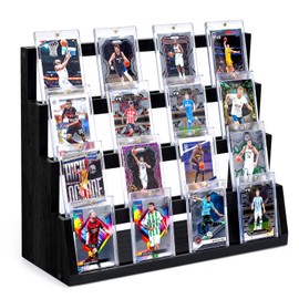Emfogo Card Display Stand, 4-Tier Trading Card Display, Wooden Graded Card Display Baseball Sports Card Display, Trading Card Display Case for Card Collection & Show (Black)