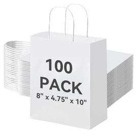 Brothersbox 100Pcs White Paper Gift Bags Medium Size 8x4.75x10 inch, Kraft Paper Bags with Handles Bulk for Shopping, Craft, Business, Retail, Party Favor, Takeout, Goodie, Grocery