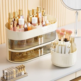 Rotating makeup organizer with Drawers,Large Capacity Cosmetic Display Case,Easy Storage for Brushes/eyeliner/lipsticks/Perfume/skincare products/Jewelry,Great Holder for Vanity Bathroom Countertop