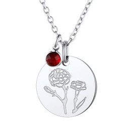 Birth Flower Disc Necklaces with Birthstone Garnet for Women January Carnation Guardian Month Floral Pendant Stainless Steel Dainty Round Coin Medal Jewelry Birthday Gifts for Mom