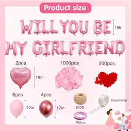 Pink 16" Will You Be My Girlfriend Balloons Letters - 18" Heart Balloons Alphabet Foil Mylar Balloons with 1200 Pcs Artificial Rose Petals for Valentines Day Decorations