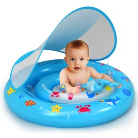 Oukitoymer Baby Pool Float with UPF50+ Sun Protection Canopy, Inflatable Swim Floatie with Animal Toy Play Console and Hand Air Pump, No Flip Over Swimming Floaty for Infants & Toddlers 6-36 Months