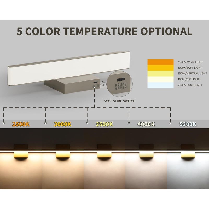 JUSHENG Brushed Nickel Vanity Lights for Bathroom Light Fixtures 5CCT