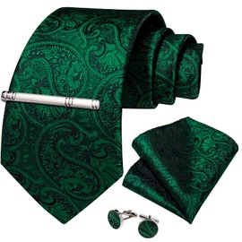 DiBanGu Men Tie Set Green Paisley Silk Necktie Pocket Square Cufflinks Tie Clip Formal Wedding