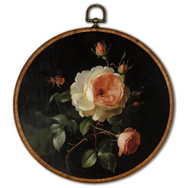 KSDUT Retro Flower Wall Art Decor - Botanical Neutral Mid Century Modern Wall Art Canvas Frame Hanging Prints, Vintage Landscape Round Wall Art Decor for Bedroom Decorations 10"x10"