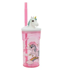 OM SUPPLIES Unicorn 3D Figurine Cartoon Characters Reusable Tumbler Childrens Drinking Cup Straw 23 x 7.5 x 7.5cm Includes Half Size 12pcs Pencil Set (Unicorn)