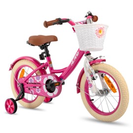 HH HILAND Girls Bike for Toddlers and Kids Age 3-5 Years Old, 14 Inch Kids Bike for Boy and Girl with Training Wheels Basket Bell Rear Rack Pink