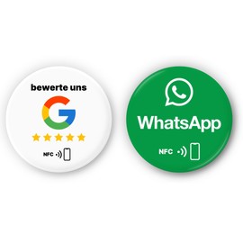 Mix Set of 1 x NFC Rating Sticker for Google & 1 x WhatsApp NFC Sticker - Collect Reviews with a Scan & Start WhatsApp Chats, Make Appointments, Send Information - Set Up Yourself - 3 cm Diameter
