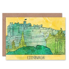 Wee Blue Coo DRAWING ILLUSTRATION EDINBURGH CASTLE SCOTLAND BLANK GREETINGS CARD