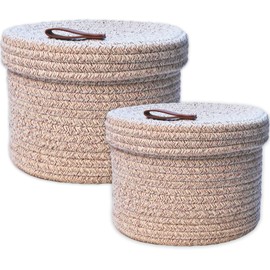 Yearonan 2 Pieces Storage Baskets with lids-Cotton Rope Lidded Basket-Natural cotton thread, leather buckle, Decoration Basket with Lid-Woven storage basket with lid.(Brown)