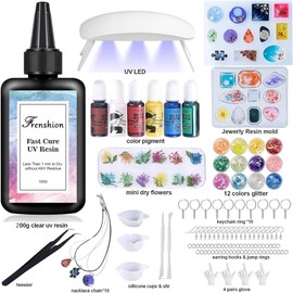 Frenshion UV Resin Kit with Light, 113 Pieces Resin Jewellery Making Kit with 200 g Quick Curing Clear Hard Low Odour UV Resin, Colour Pigment, Resin Accessories, UV Resin Starter Kit for Jewellery