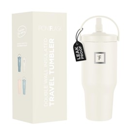 IRON °FLASK Sidekick Insulated Water Tumbler with Straw & Foldable Handle -Stainless Steel Leak-Proof Bottle, Non-Slip Base & Fits Cup Holders for Hot, Cold Drinks - Travel Mug - 30 Oz, Cashmere Cream