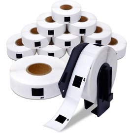 INKO - 10 Rollos Etiqueta DK1204 + 1 portarollos reutilizable compatible impresora Brother series QL, Recambio de etiqueta compatible para Brother DK-1204 (1,7 x 5,4 cm) 400 etiquetas por rollo.