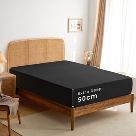 Wake In Cloud - Extra Deep King Fitted Sheet 1 Piece - 50cm Deep Pocket Bed, 1000TC Ultra Soft Microfiber, Black, King Size