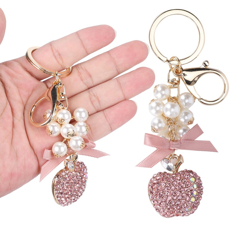 2Pcs Keychain Pendant Pearl DiamondStudded Fruit Shape Key Ring Girl