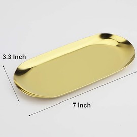 Gold Jewelry Tray Small Decorative Trays Serving Dish for Trinket Oval Metal Plate Trinket Bowl Decor for Vanity Tray,Bathroom, Tea Table, 2Pack (7")